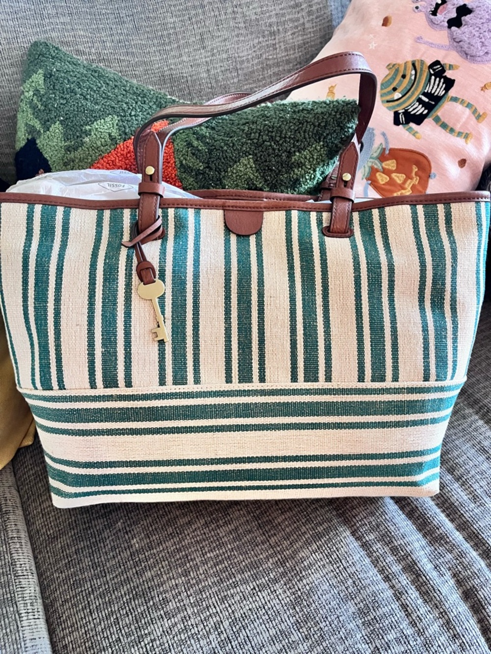 Fossil Green and White Striped Canvas Tote with Brown Leather Trim